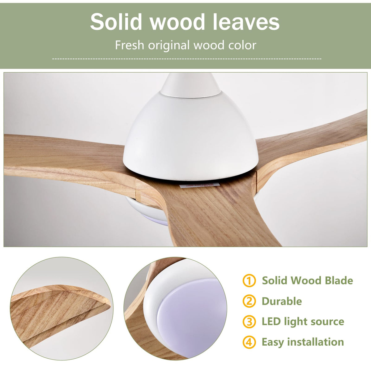 52" Solid Wood Blades Ceiling Fan - Indoor Outdoor with Remote Control