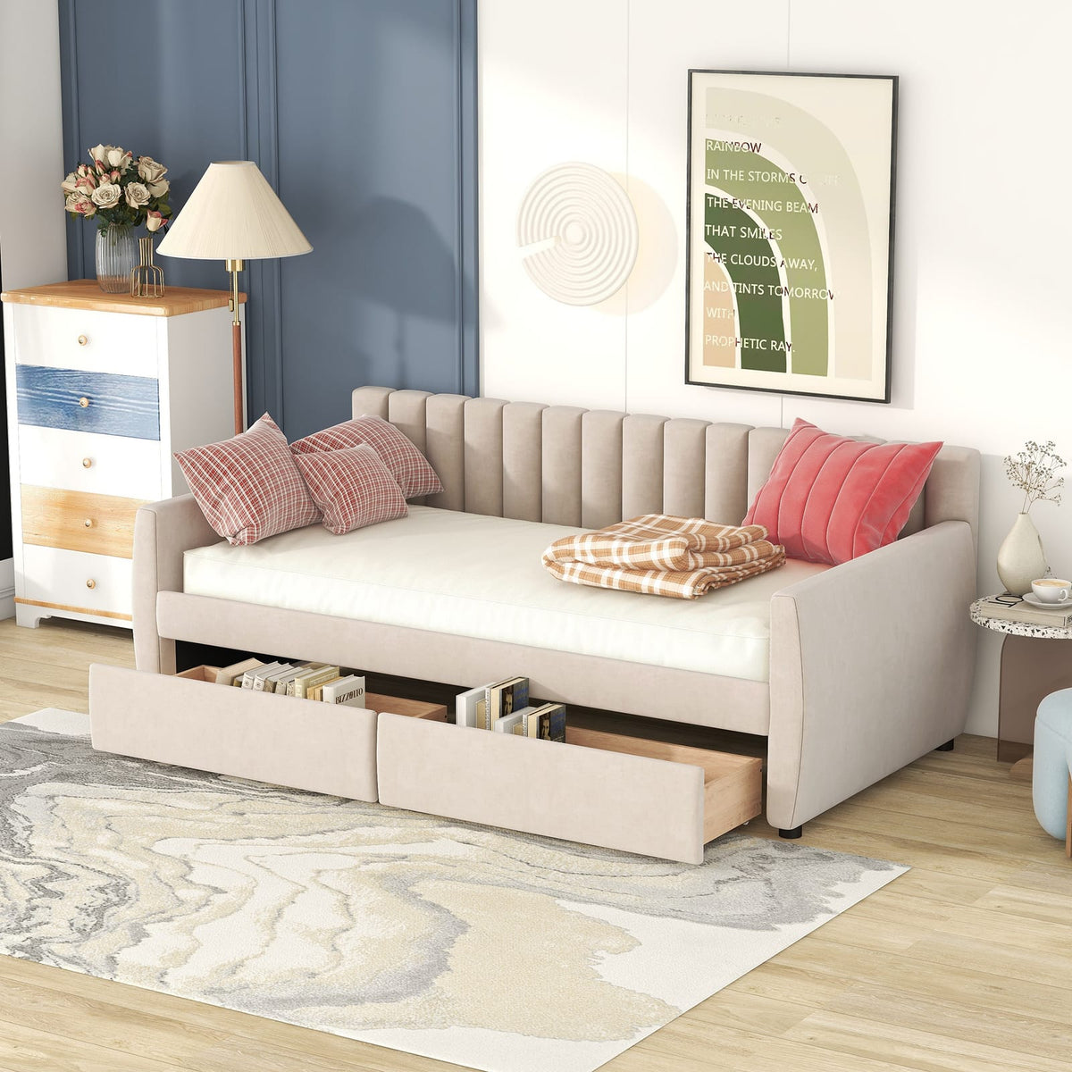 Beige Velvet Sofa Bed with Drawers - Storage Daybed for Living Room