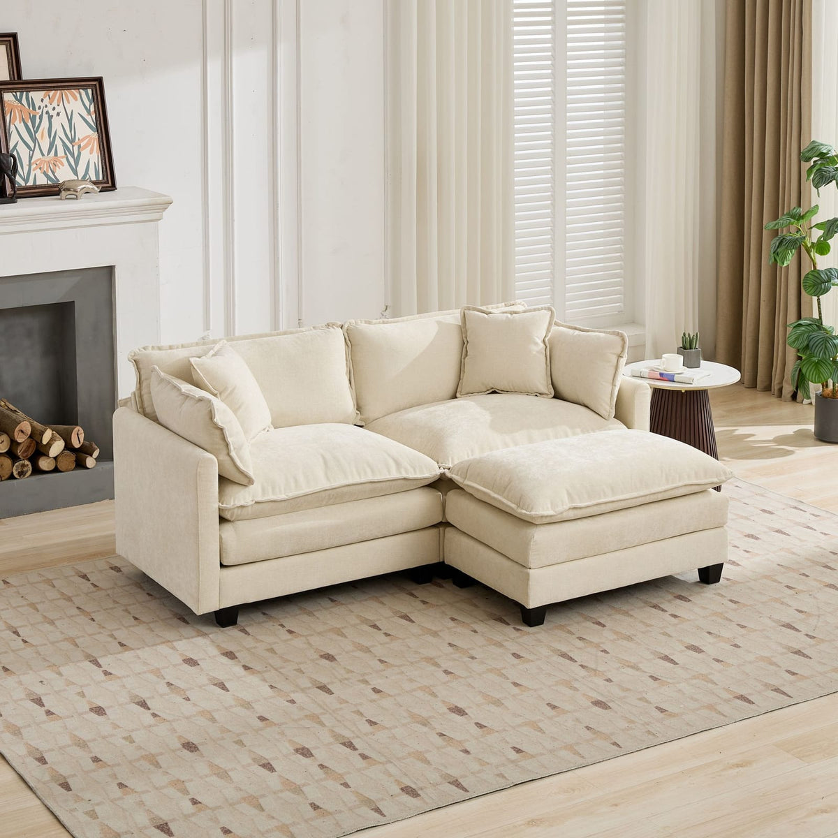 Beige Chenille Ottoman - Comfortable Accent Piece for Living Room