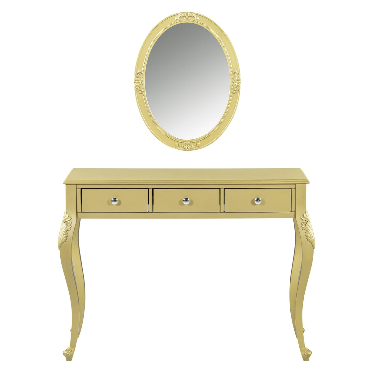 Gold Makeup Vanity Desk - 3 Drawers, Oval Mirror Storage