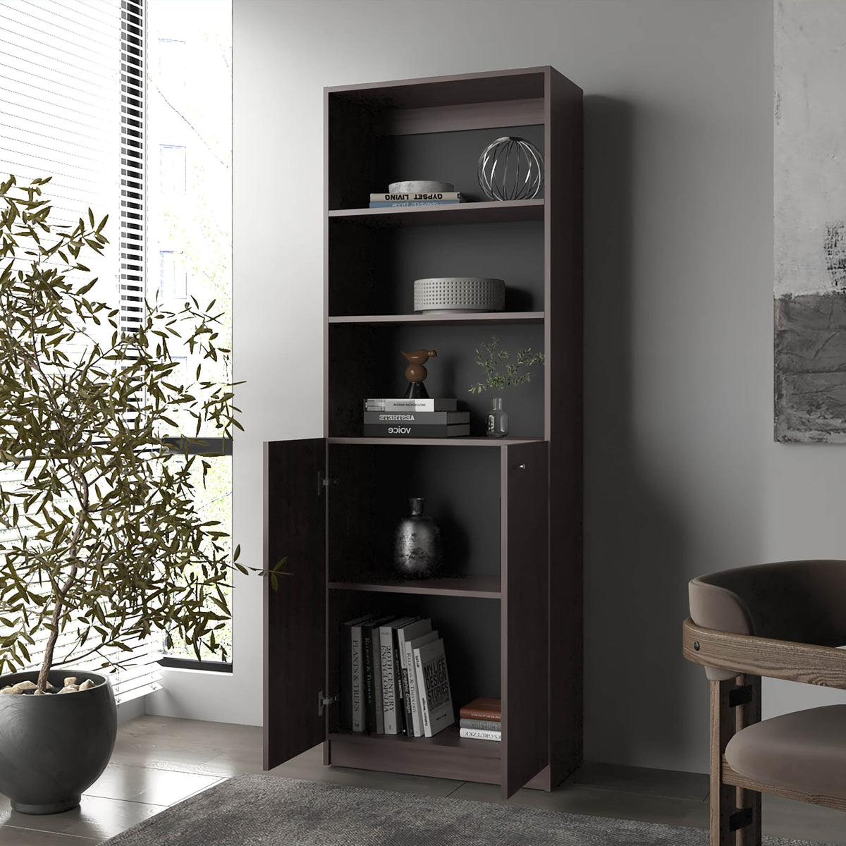 Stained Walnut Bookcase with Open Storage and 2 Doors - 5 Shelves