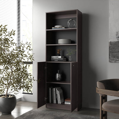 Stained Walnut Bookcase with Open Storage and 2 Doors - 5 Shelves