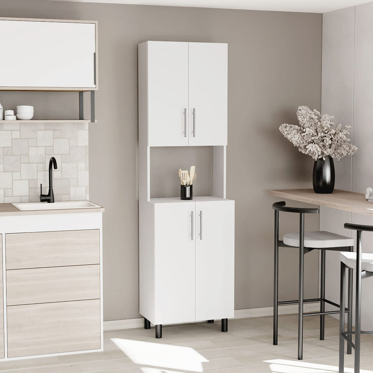 White Engineered Wood Pantry Cabinet with Hutch for Kitchen Storage for Living Room