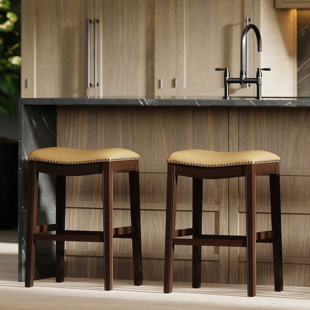 31 Inch Barstool - Tan PU Leather Seat, Durable Wood Frame