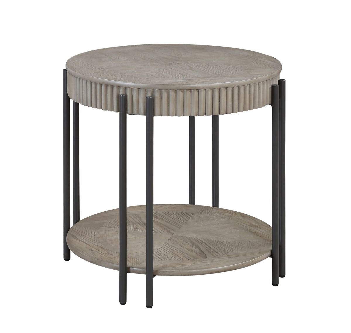 Round Black Brown Wood End Table with Storage Shelf for Living Room