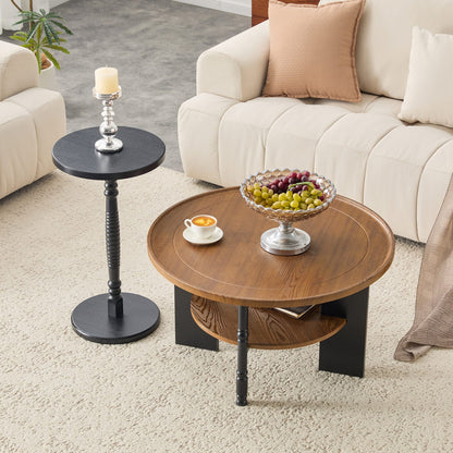 Round Coffee Table Set - Walnut & Black MDF Table with Storage for Living Room