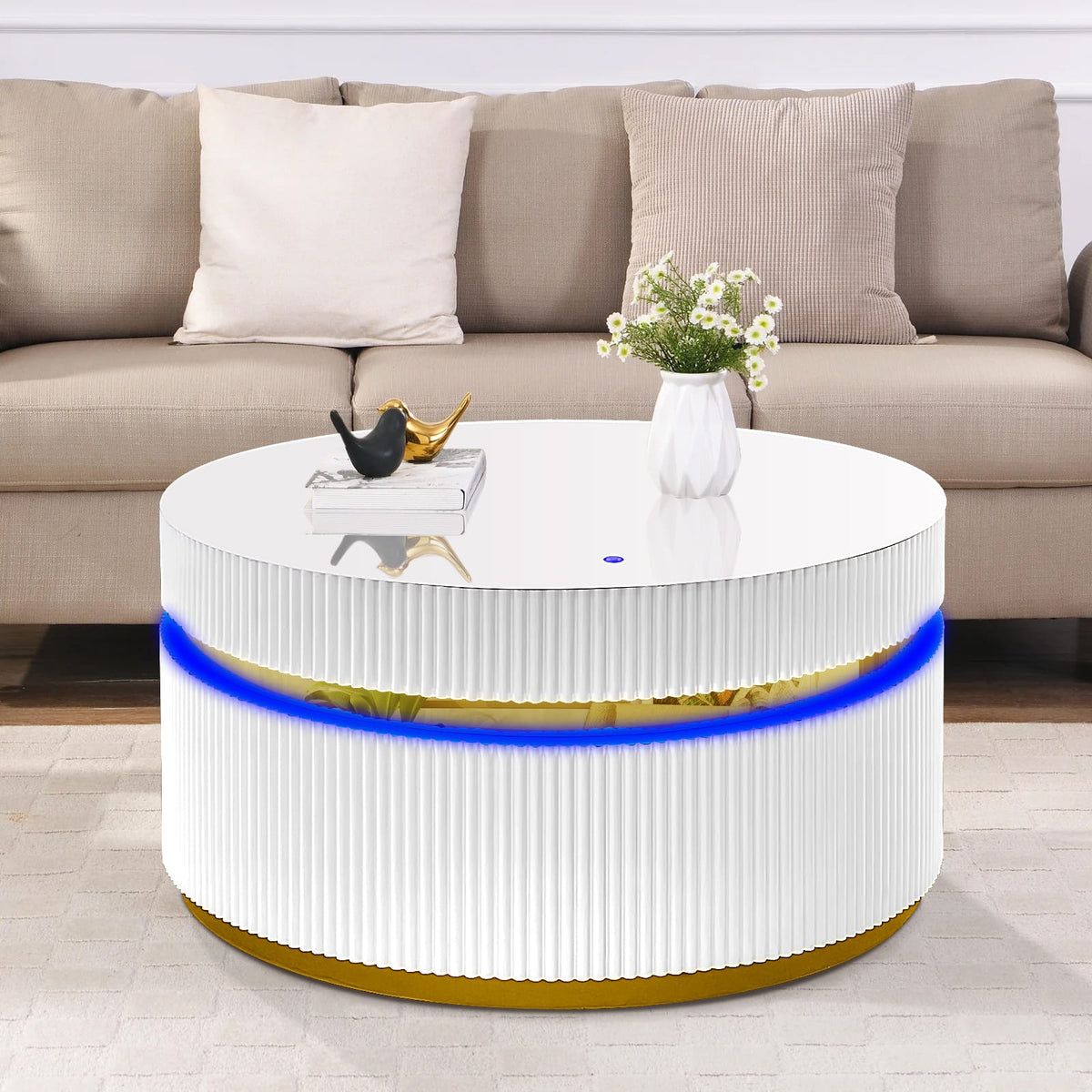 White Round Glass Coffee Table with LED Light