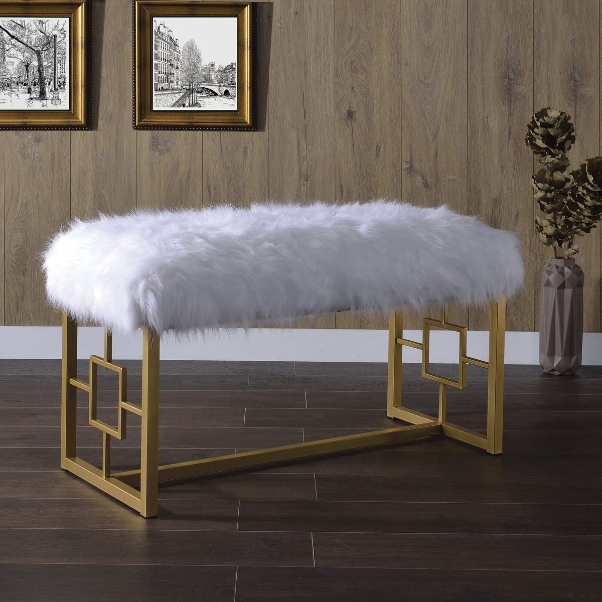 White Gold Fabric Metal Bedroom Bench