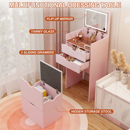 Pink Wood Makeup Vanity with Flip-Up Mirror & Lights