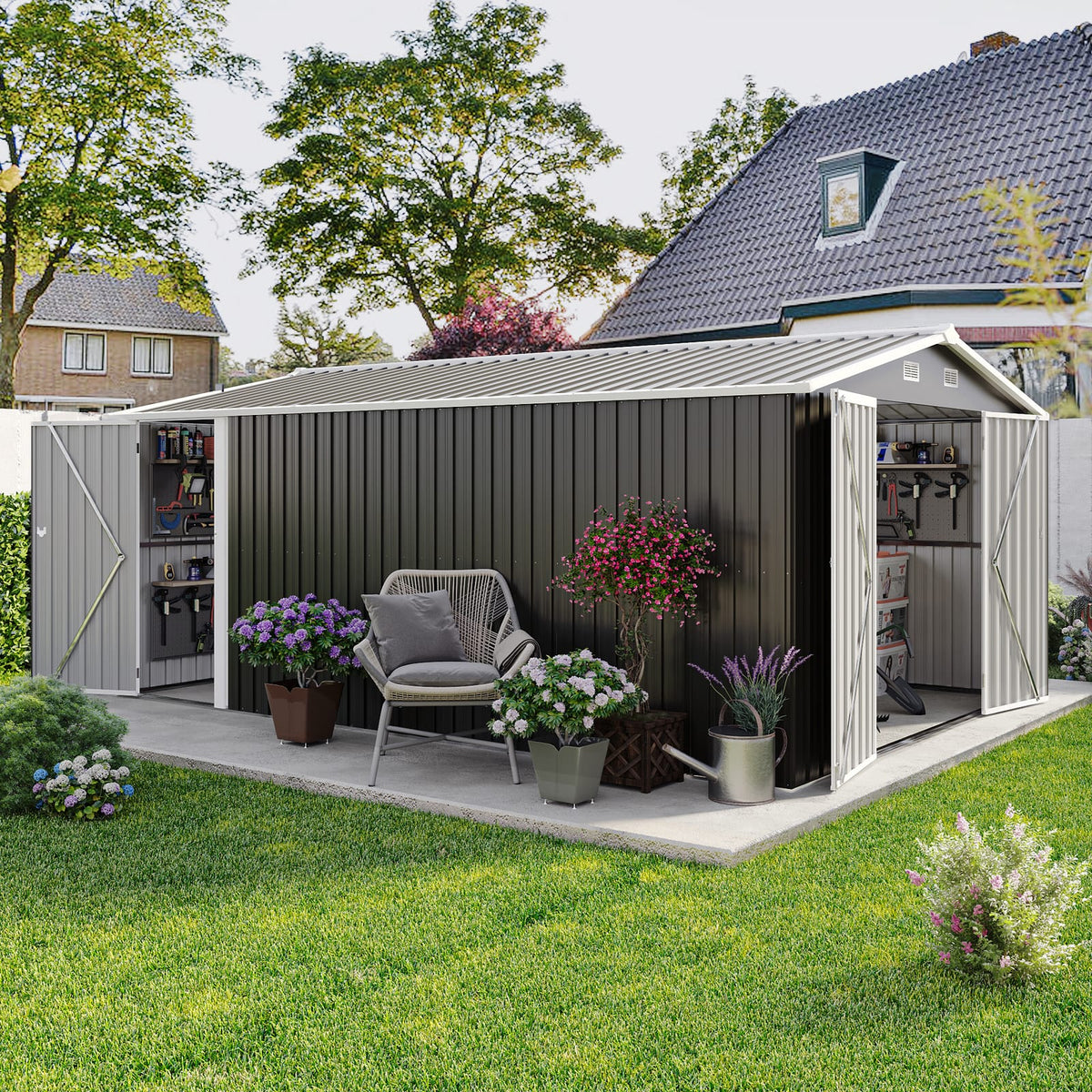 10x14 Campcraft Outdoor Storage Shed - Dark Gray Metal