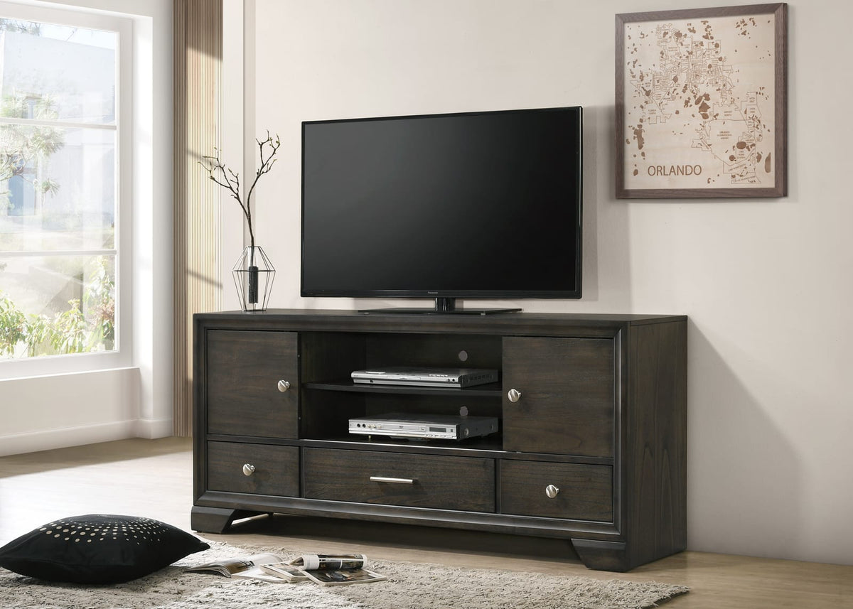 Brown Wood TV Stand with Sliding Doors