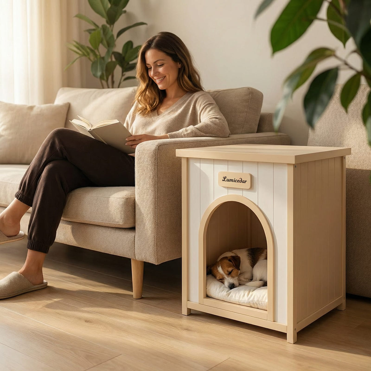 Cream White Cedar Pet Bed - Small Dog House Side Table