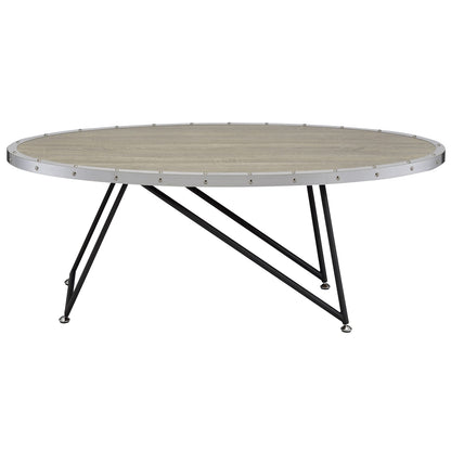 Weathered Grey Oak & Black Oval Coffee Table - Industrial Style