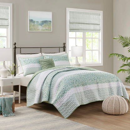Green Polyester Seersucker Quilt Set - Full & Queen Sizes