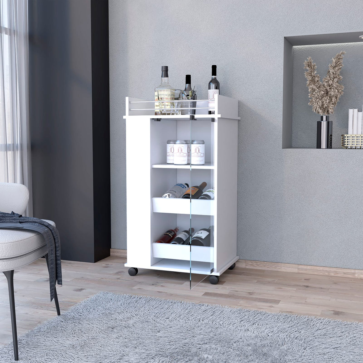 White Mobile Bar Cart - 3 Shelf Pine Cabinet