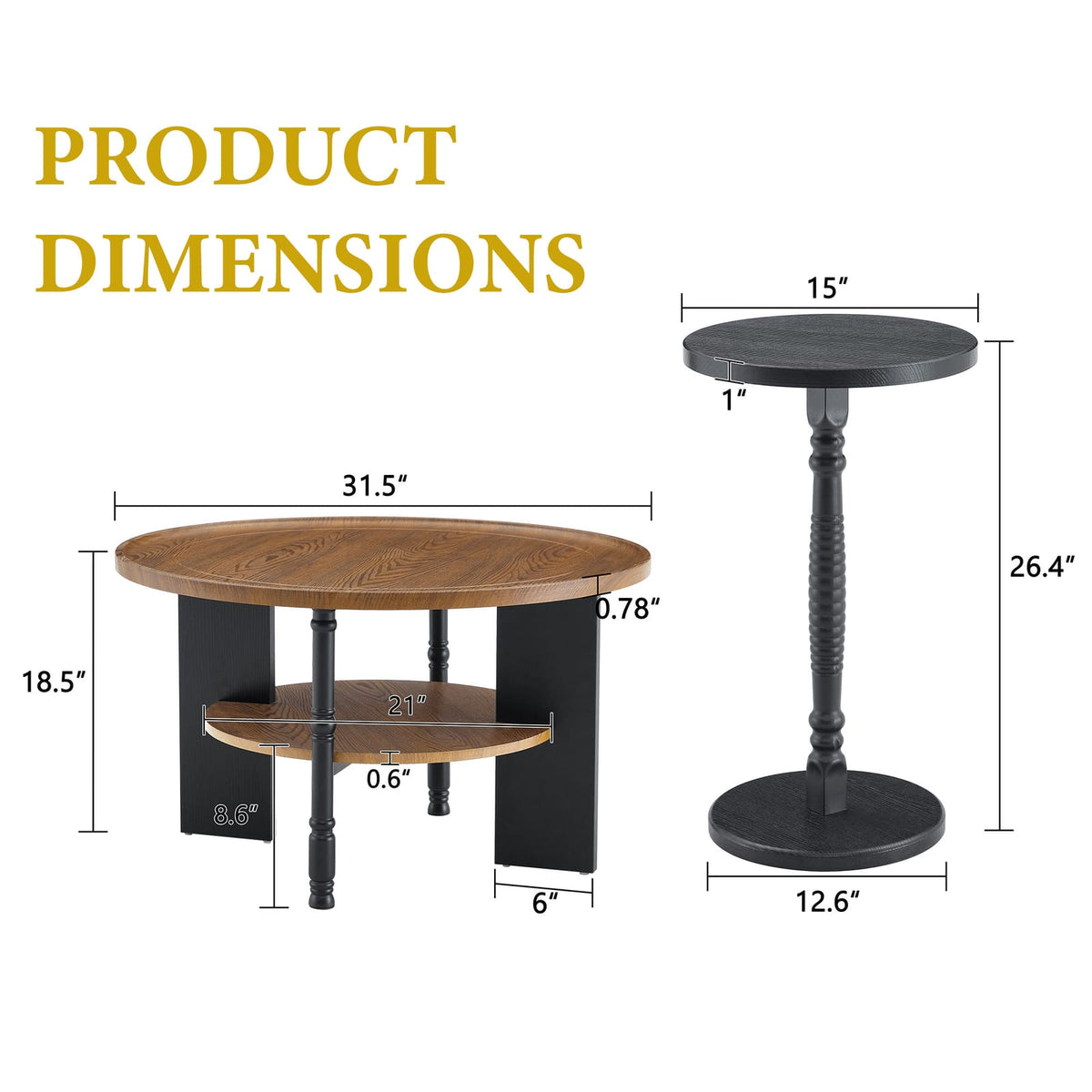 Round Coffee Table Set - Walnut & Black MDF Table with Storage for Living Room