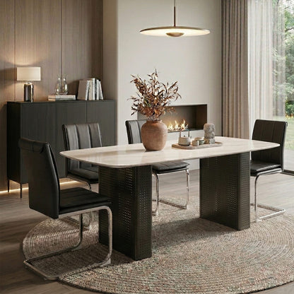 Black Tempered Glass Dining Table with Marble Pattern, Black Metal Legs
