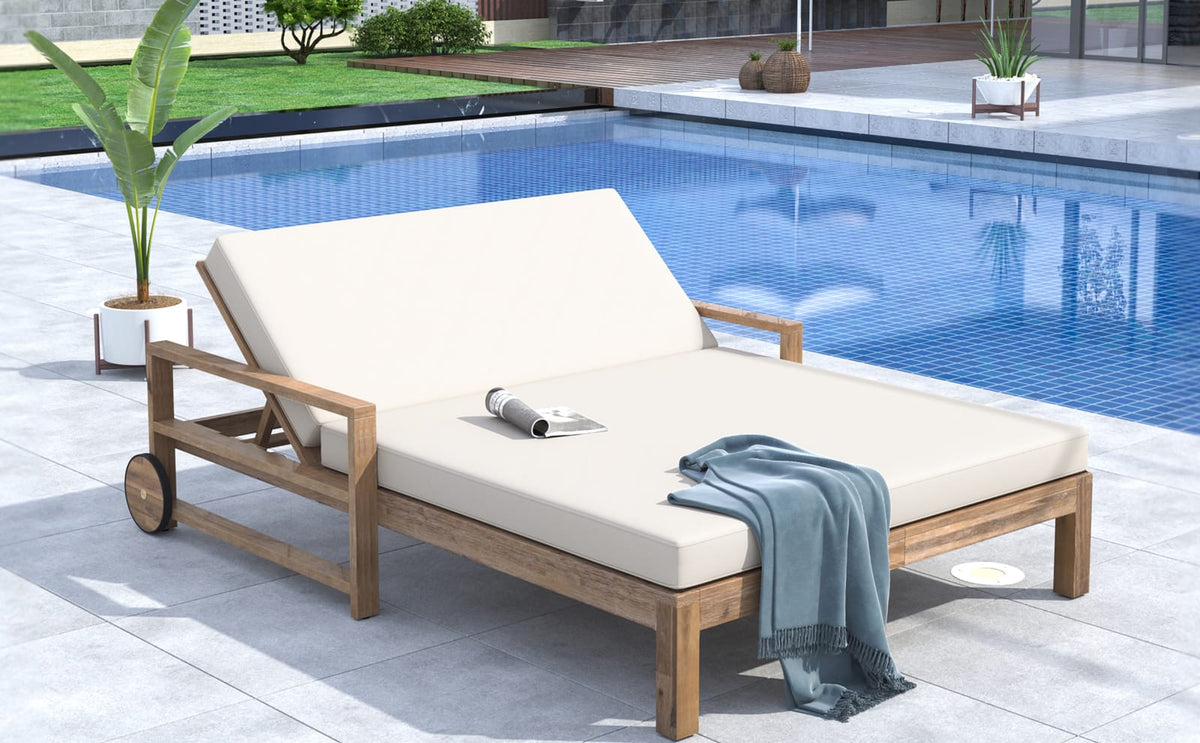 Beige Wooden Outdoor Sunbed - Farmhouse Style Patio Seating