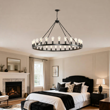 Large Black Wagon Wheel Chandelier - 28 Lights for Dining Room, Living Room