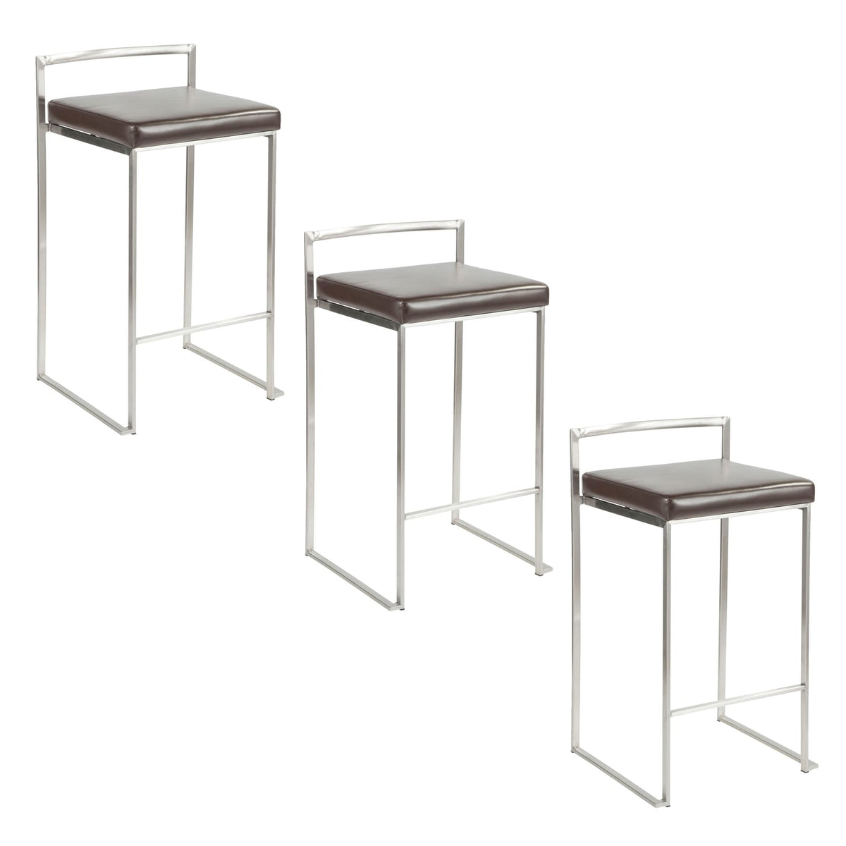 3 Brown Faux Leather Counter Stools - Stackable Dining Set