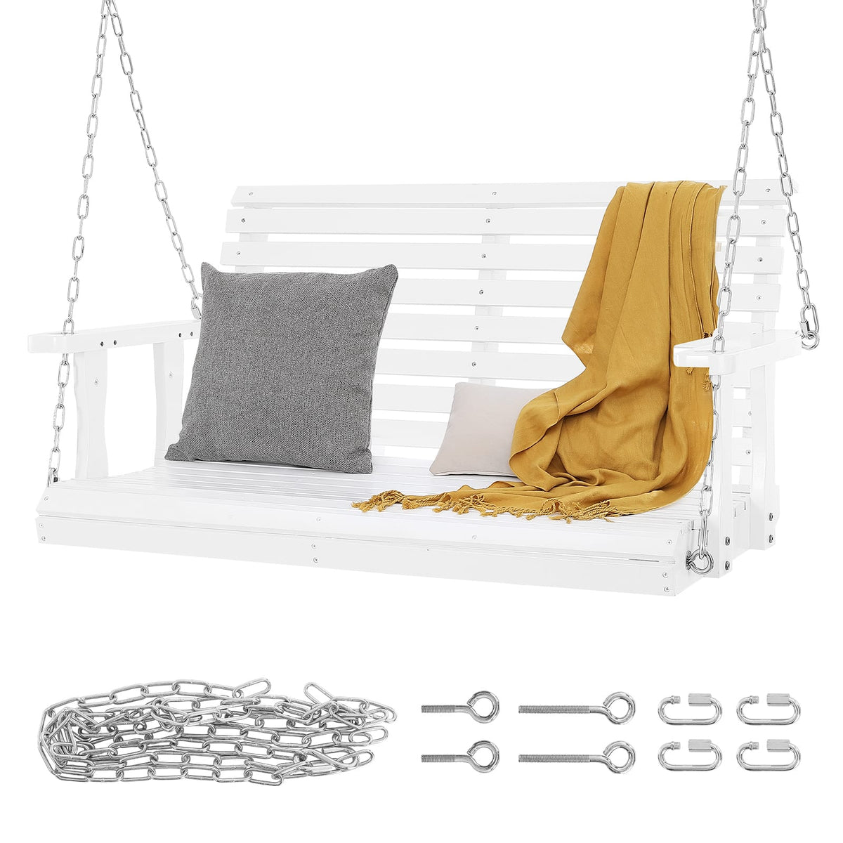 Wooden Porch Swing - 4ft White, Heavy Duty Outdoor Bench