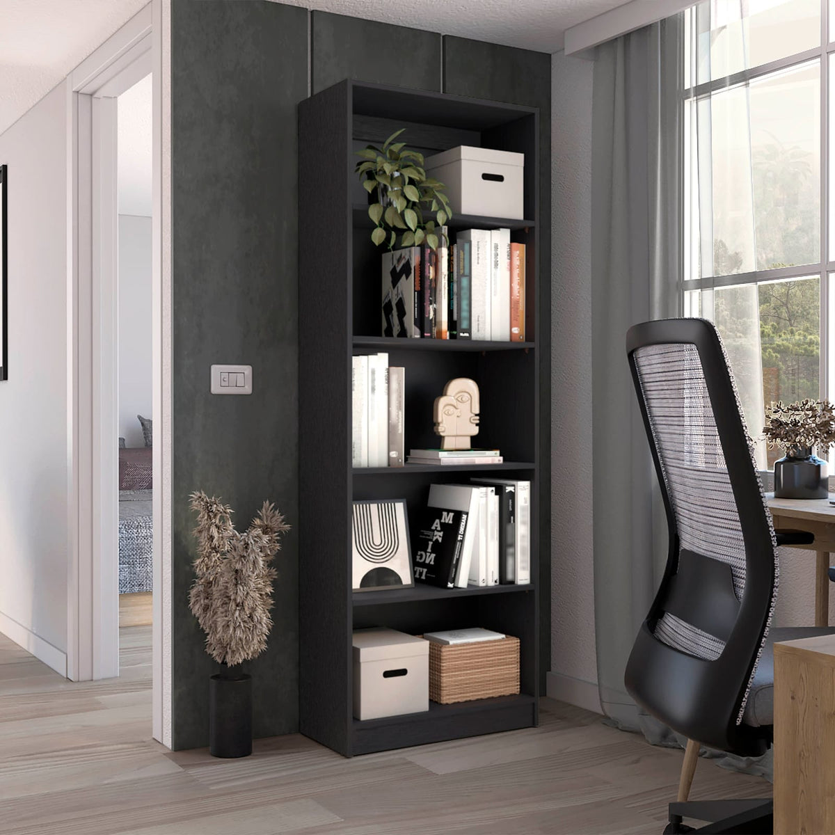 Black 4 Shelf Bookcase - Office Storage Cabinet for Living Room