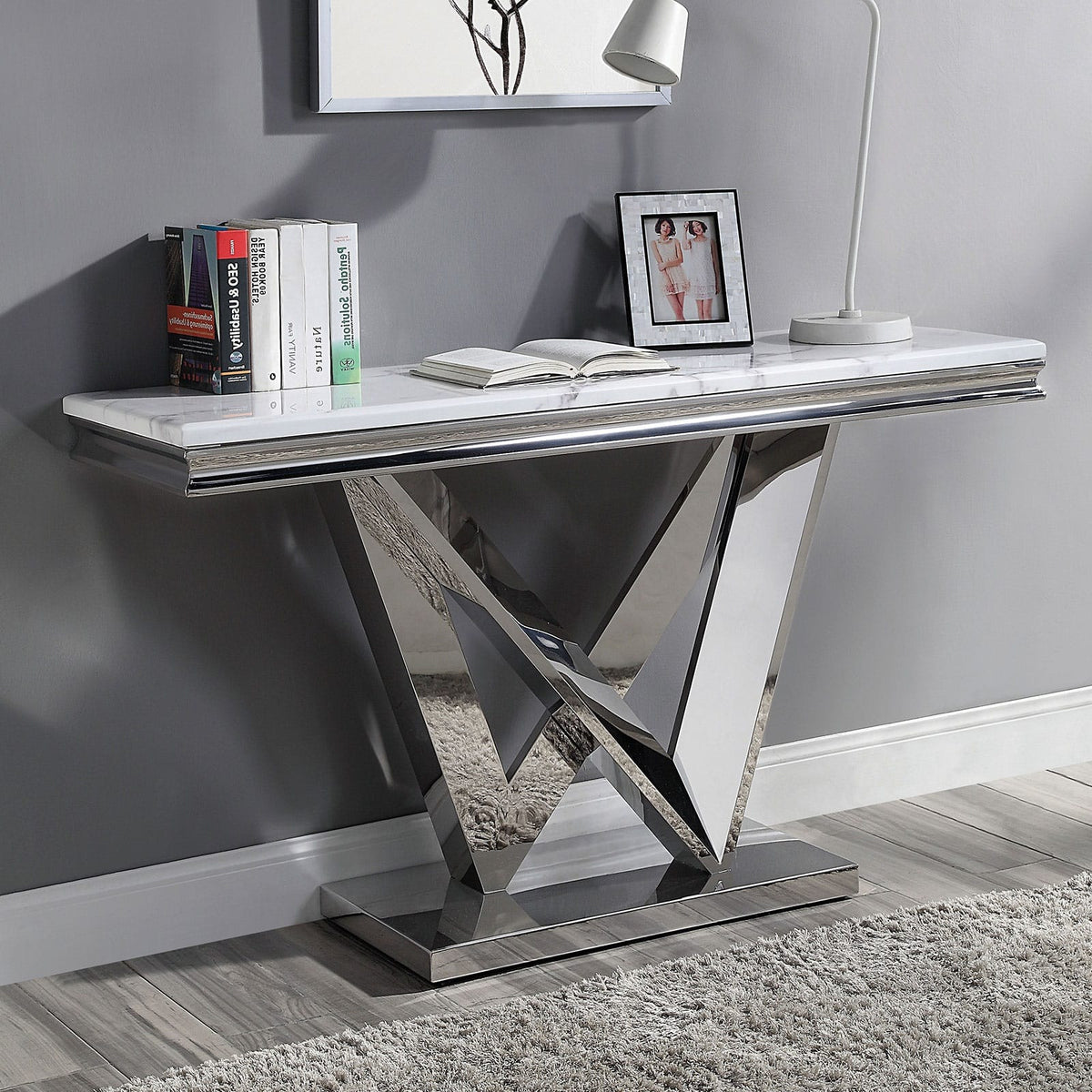 Glam Stainless Steel Table - Chrome Finish, Faux Marble Top