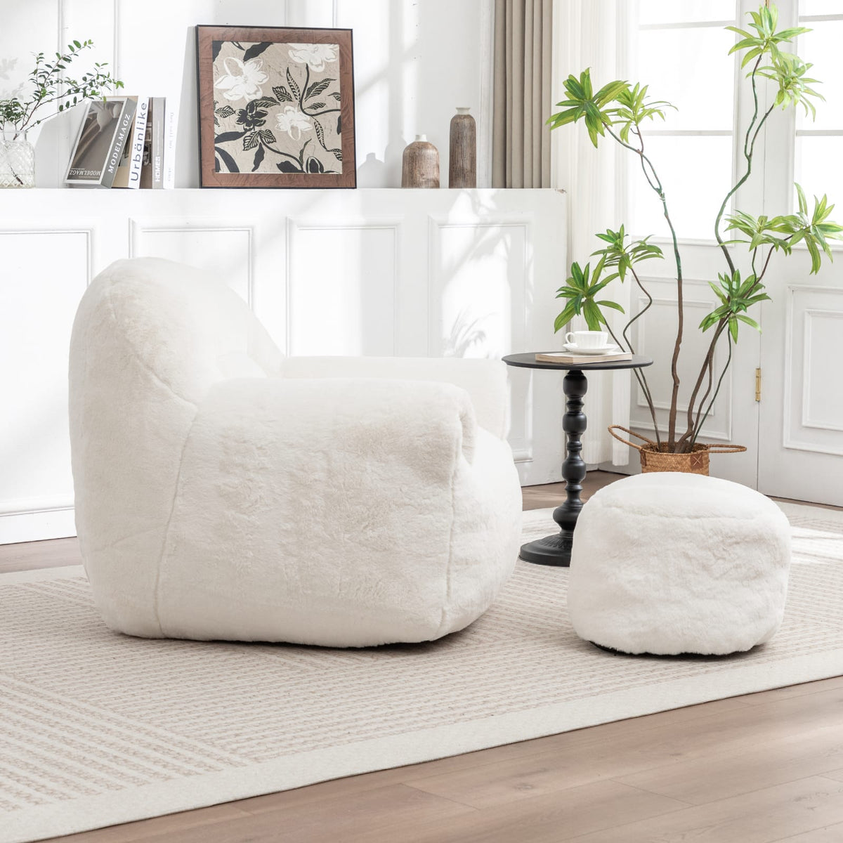 White Faux Fur Bean Bag Chair with Foam Support for Ultimate Comfort for Living Room