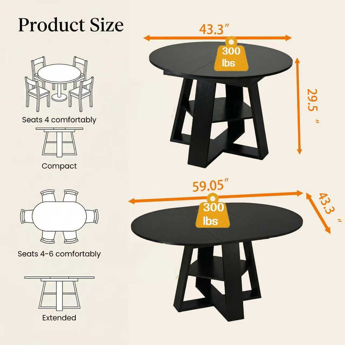 43.3in-59in Extendable Round Dining Table - Kitchen & Living Room
