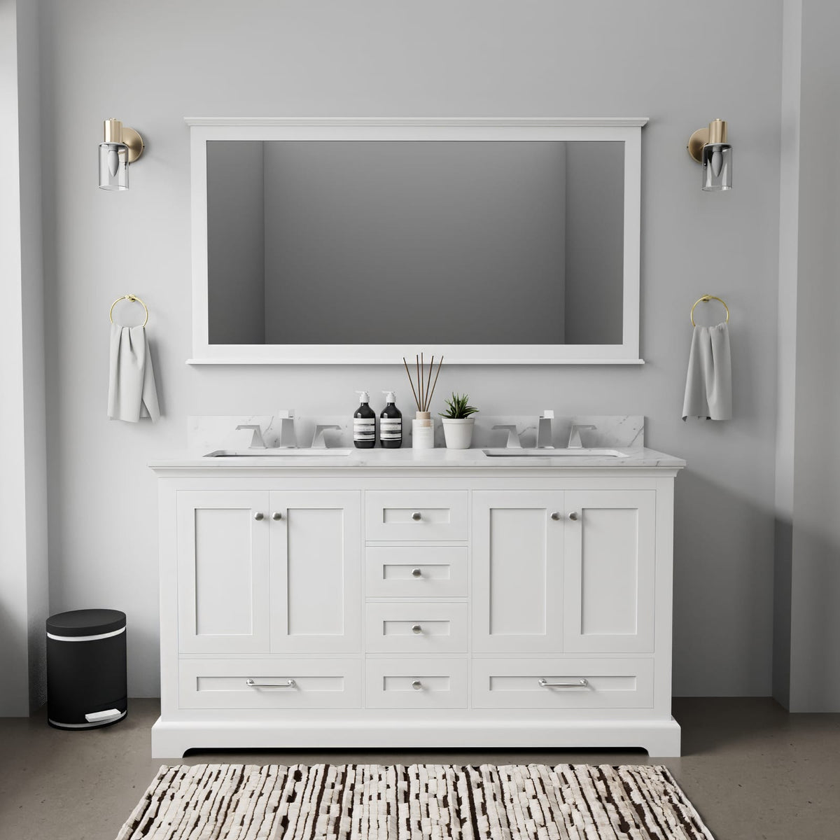 White Double Bath Vanity with Mirror & Storage for Bathroom