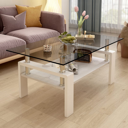 Rectangle Coffee Table - Gray Tempered Glass, Modern Storage Table