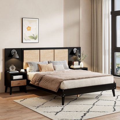 Queen Size Solid Wood Bed Frame - Black with Nightstands & Lamps