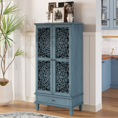 Rustic Antique Blue Storage Cabinet - 55" Tall Accent Cabinet