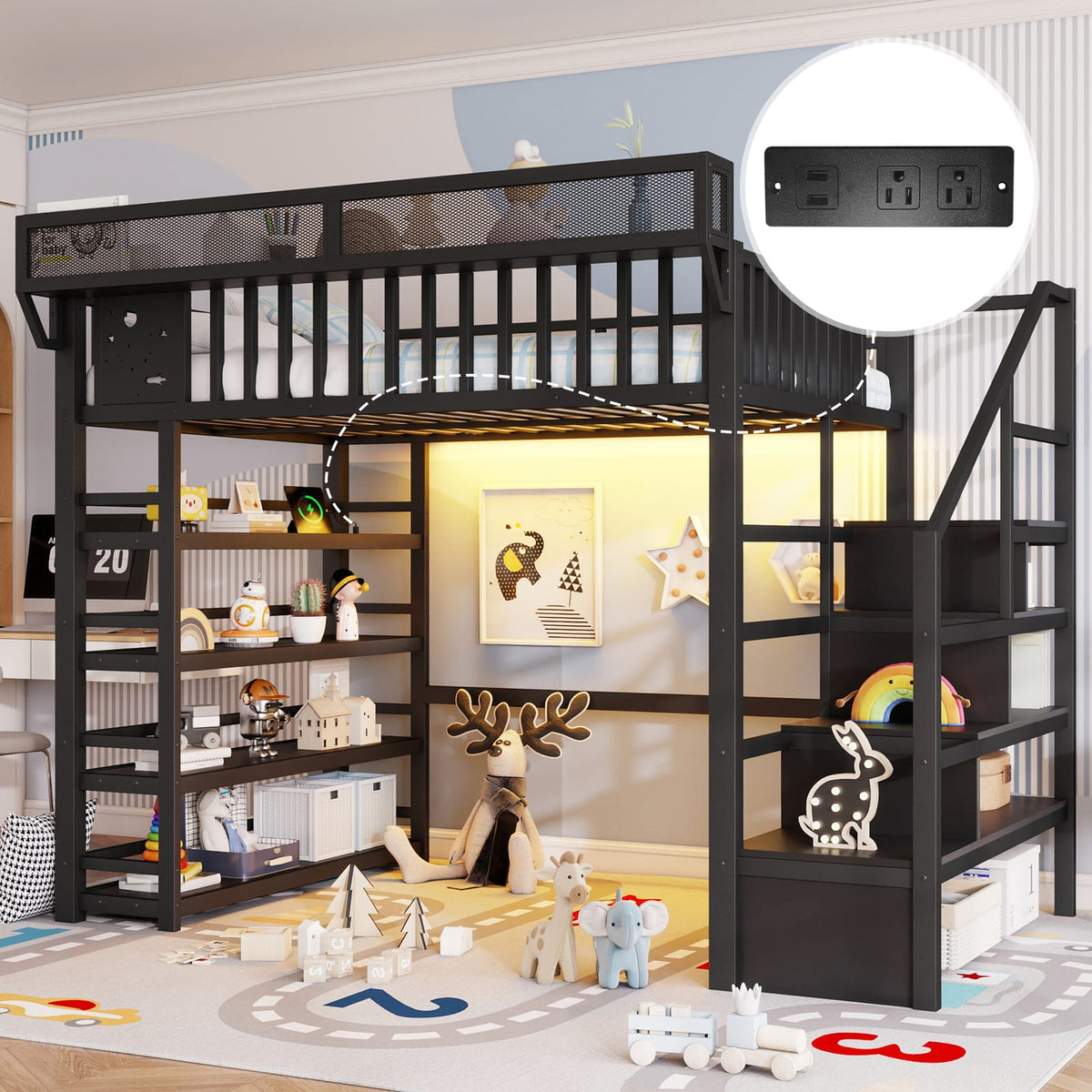 Full Metal Loft Bed with Storage - Black | 4 Shelf & Charging
