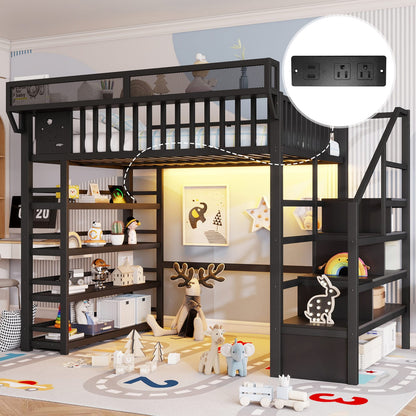 Full Metal Loft Bed with Storage - Black | 4 Shelf & Charging