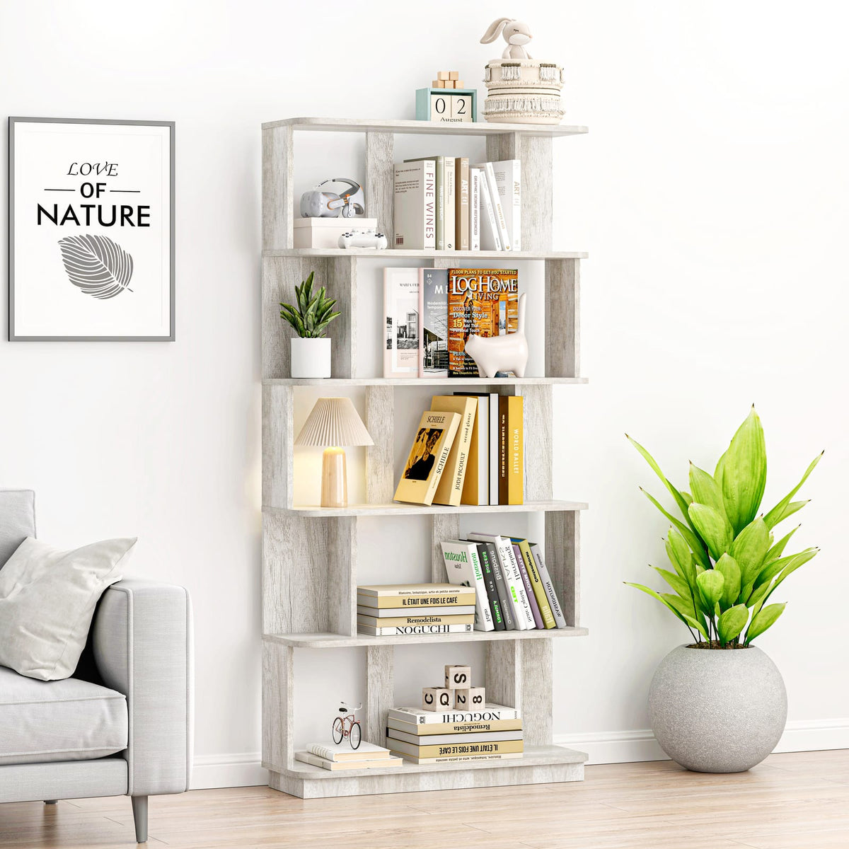Light Gray 64.56" Modern 5-Tier Bookcase MDF Display Shelving