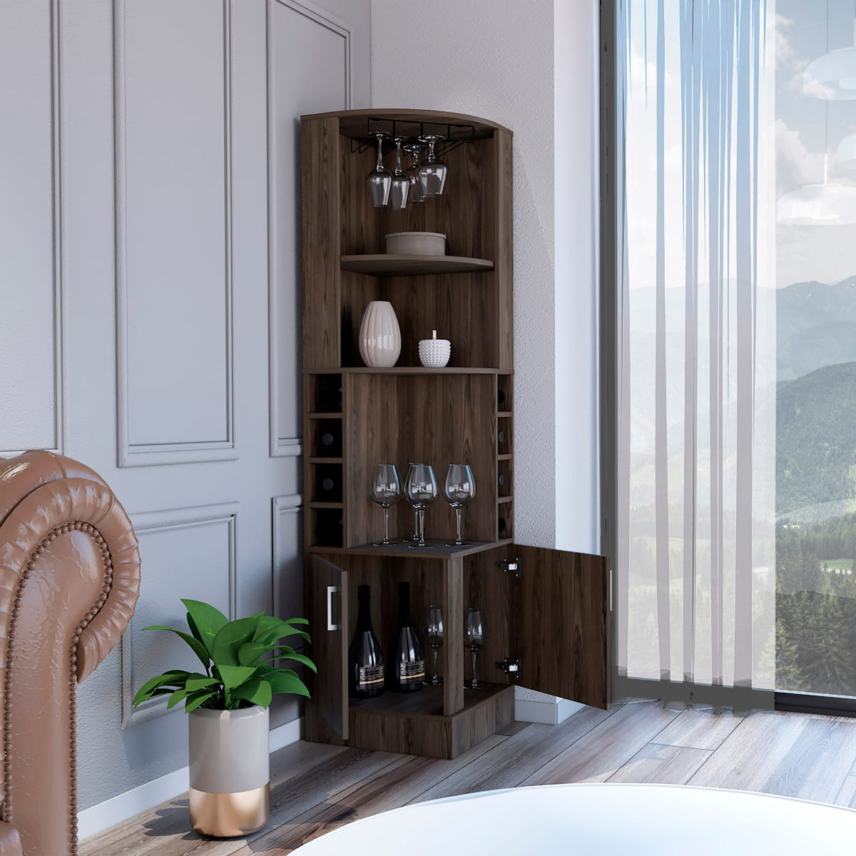 Brown Corner Bar Cabinet with Wine Storage for Living Room