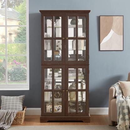 Cherry Glass Display Cabinet - Adjustable Shelves 68.7" Tall for Living Room