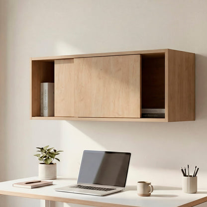 12.4" Natural Wood Wall Mounted Cabinet - Office Storage for Living Room