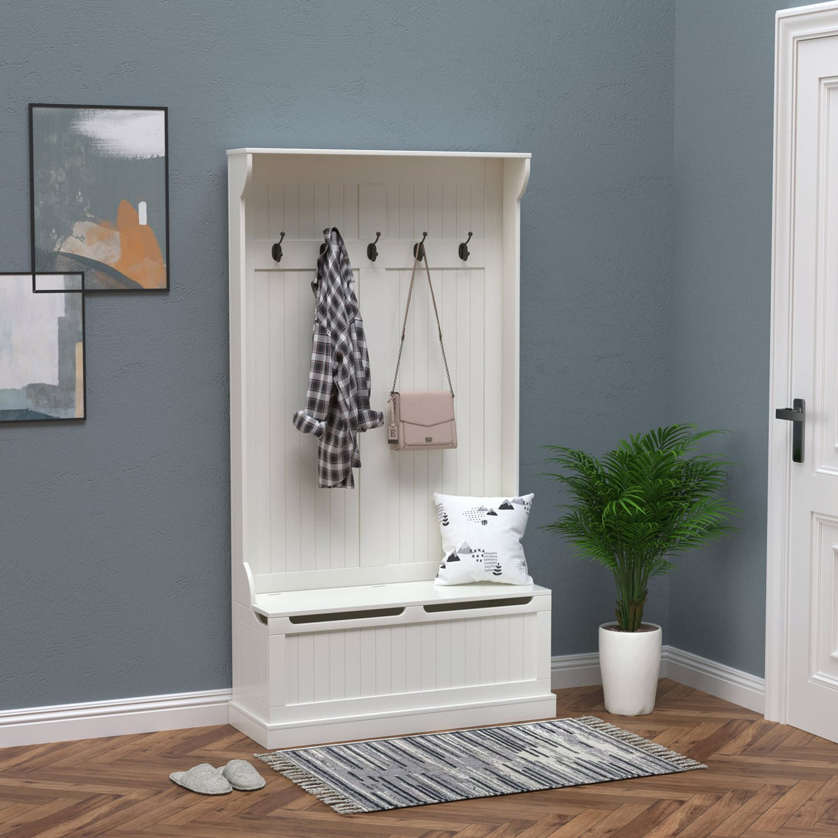 Living Room 3-in-1 Entryway Hall Tree - Cream White MDF Storage Bench with Coat Hooks