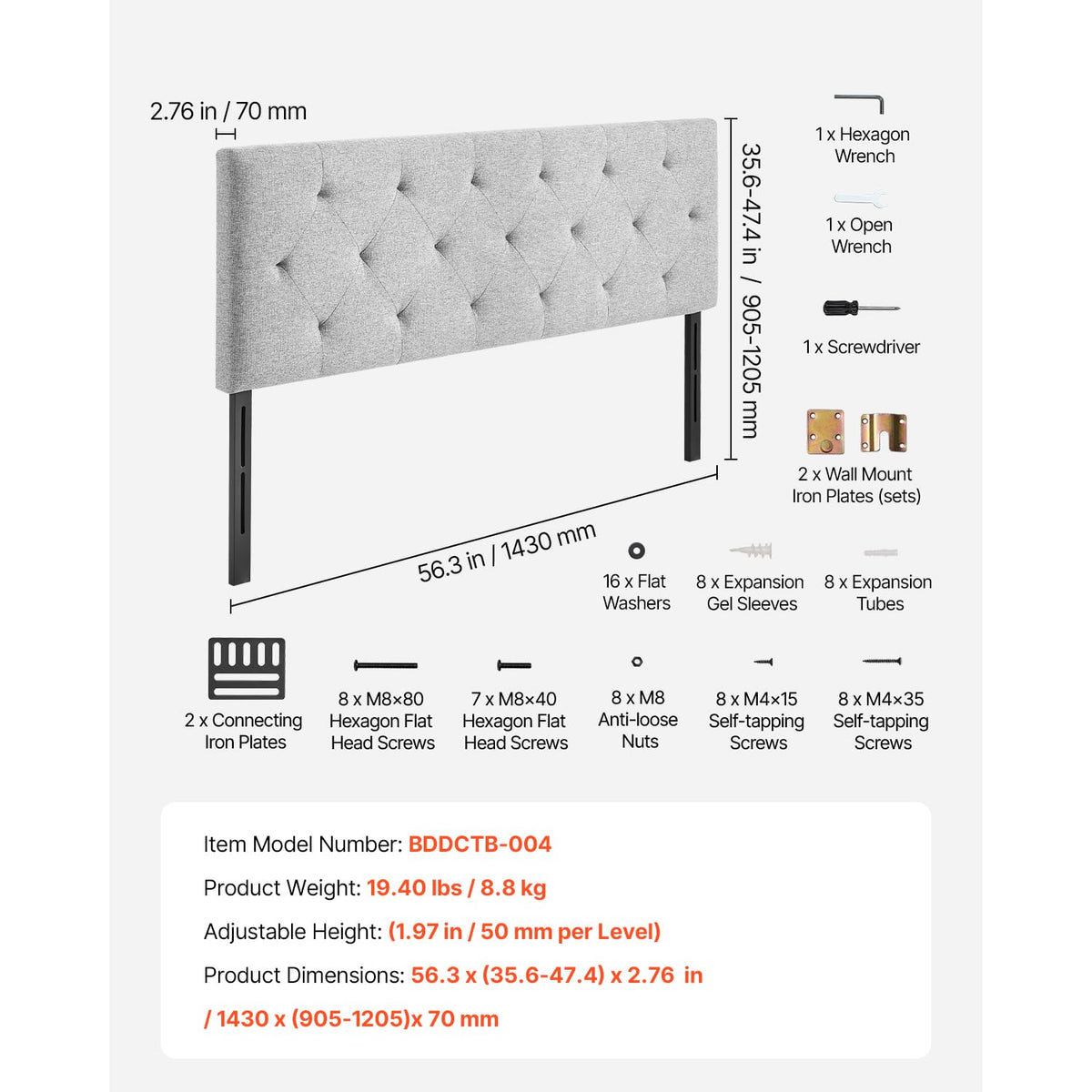 Full Size Adjustable Headboard - Light Ash Steel