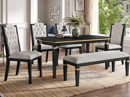 6-Person Black Dining Table Set - Rectangular Solid Wood Table & Upholstered Chairs