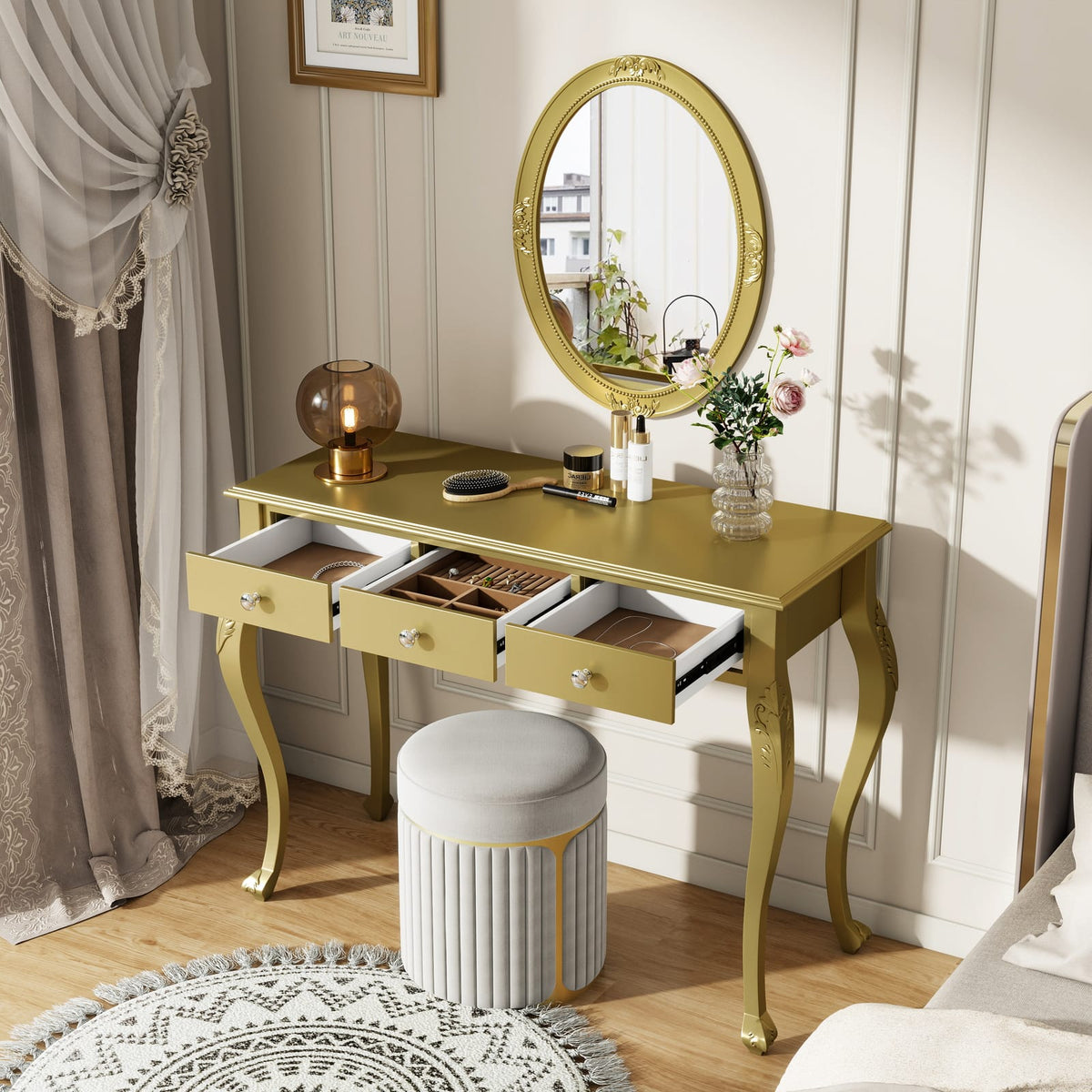 Gold Makeup Vanity Desk - 3 Drawers, Oval Mirror Storage