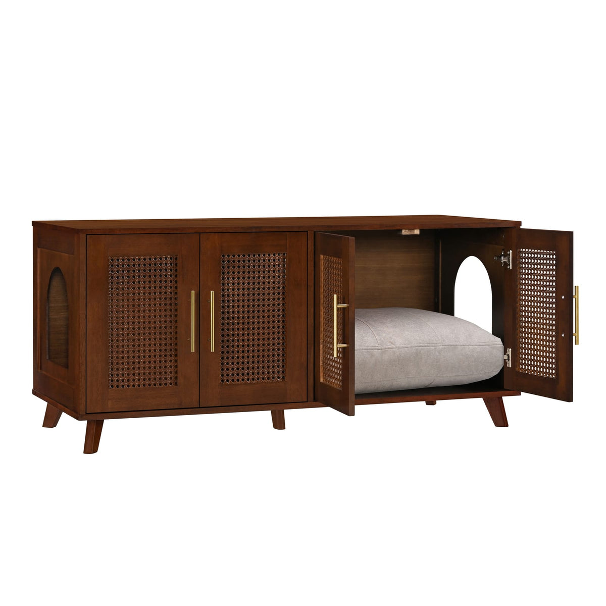 Walnut Pet Storage Cabinet with Rattan Mesh Doors for Modern Living