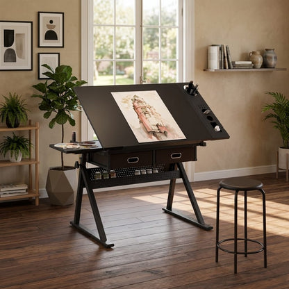Adjustable Drafting Desk with 2 Drawers - Black MDF Metal for Home Office