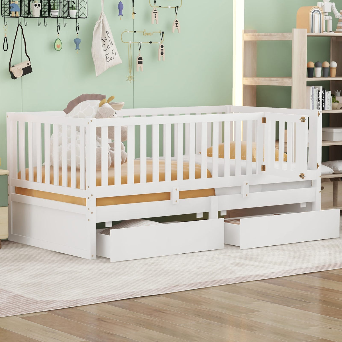 Twin Size Wood Daybed - White with Fence Guardrails & Drawers