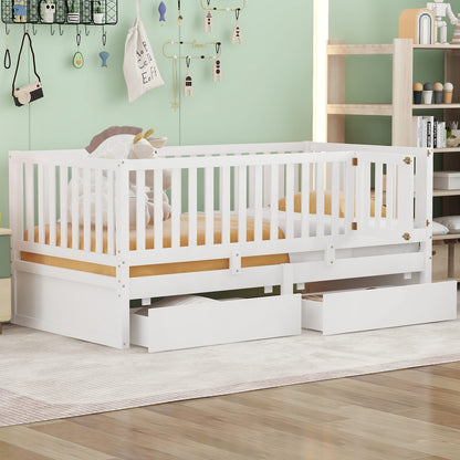 Twin Size Wood Daybed - White with Fence Guardrails & Drawers