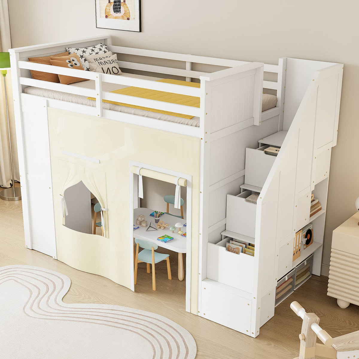 Twin Size Loft Bed with Desk - White MDF, Pine