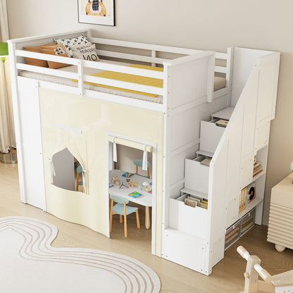 Twin Size Loft Bed with Desk - White MDF, Pine
