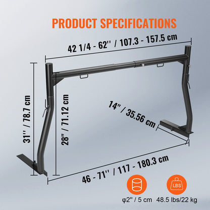 800 lb Truck Bed Rack - Steel Ladder Rack 46-71 Inch